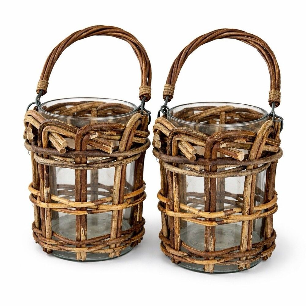Pair Wicker Hurricane Candle Holders Glass Lanterns Rustic Farmhouse New